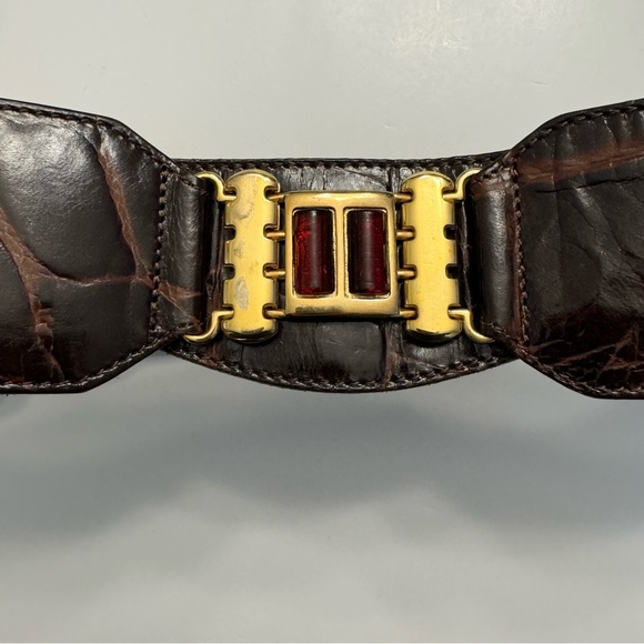 Linea Pelle Wide Croc Embossed Leather Belt Rhinestone Vintage Ruby Red -Fall 24 - Picture 4 of 11